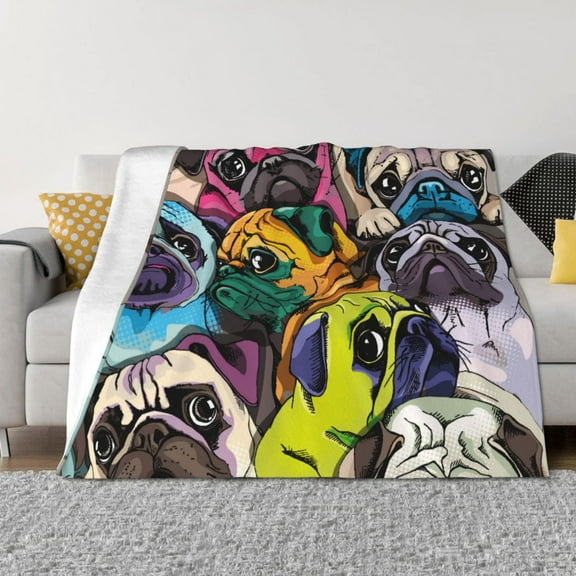 Goofa Colorful Pug Pattern Fleece Throw Blanket for Couch, Soft Checkered Flannel Blanket for Sofa, Warm Cozy Decorative Blanket Fall Decor Gift-