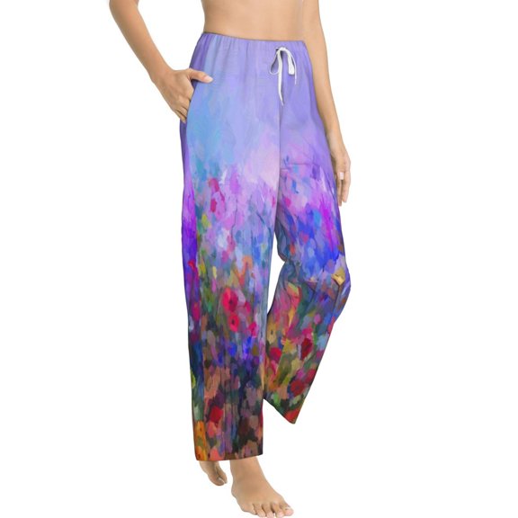 Goofa Colorful Purple Cosmos Flower Printed Soft Pajama Pants for Women, Wide Leg Comfy Casual Lounge Yoga Pants-Medium