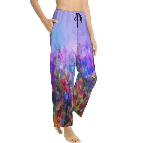Goofa Colorful Purple Cosmos Flower Printed Soft Pajama Pants for Women, Wide Leg Comfy Casual Lounge Yoga Pants-XX-Large