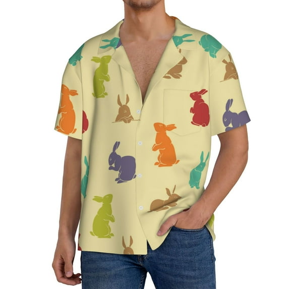 Goofa Colorful Rabbit Printed Men's Casual Short-sleeved Shirt,Lightweight Breathable Button-down,Summer Casual men's top,Versatile Fashion shirt-4X-Large