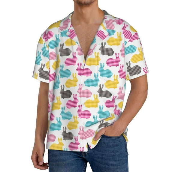 Goofa Colorful Rabbit Printed Men's Casual Short-sleeved Shirt,Lightweight Breathable Button-down,Summer Casual men's top,Versatile Fashion shirt-Large