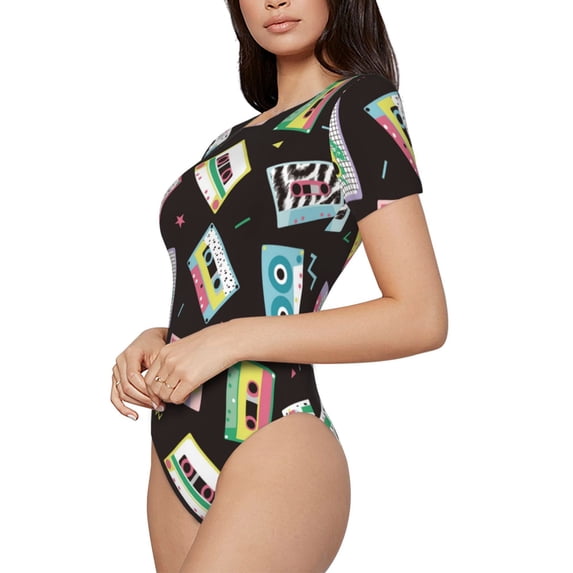 Goofa Colorful Retro Tape Printed Women Rash Guard Short Sleeve,Tummy control Swimsuit Surfing Swimsuit Bathing Suit One Piece Swimsuit UPF 50-X-Large