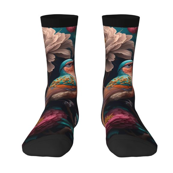 Goofa Colorful Rose Bird Printed Men's Crew Socks, Soft Durable Breathable Moisture-Wicking with Odor Control Cotton socks