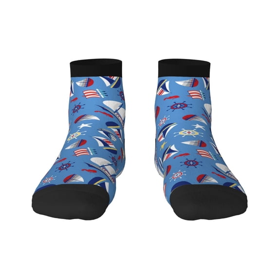 Goofa Colorful Sailing Ship Pattern Non Slip Socks with Grips for Elderly, Crew Socks Yoga Hospital Socks Cushioned Sole Gripper Socks for Men Women