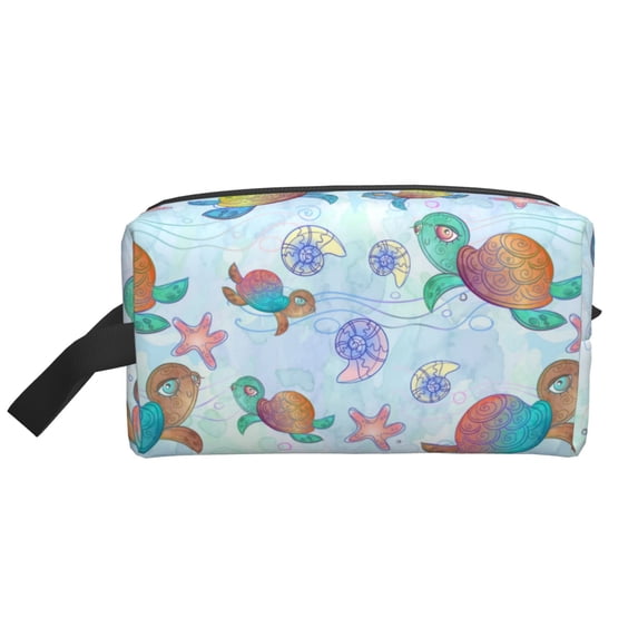 Goofa Colorful Sea Turtle Printed Toiletry Bag with Handle,Large Capacity Travel Makeup Cosmetic Bag for Women, Carry on Airport Airline Compliant Bag