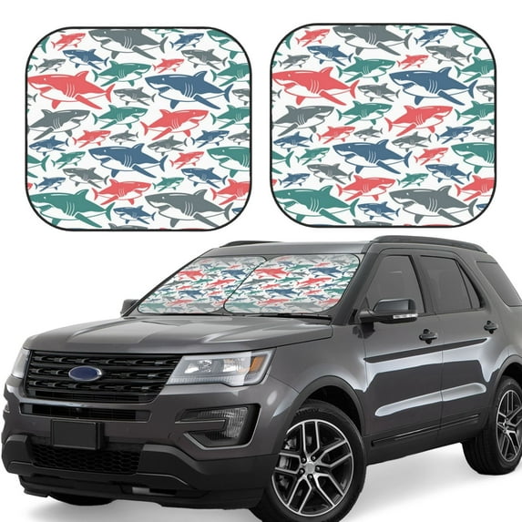 Goofa Colorful Shark Pattern 2 Piece Car Windshield Sun Shade Foldable | Front Windshield Shade for Sun, Heat and UV Rays | Sunshade for Car Front Window-Small