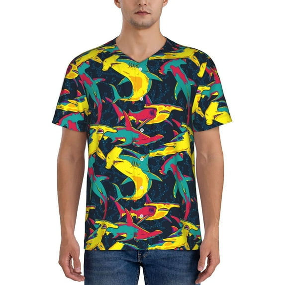 Goofa Colorful Sharks Pattern Mens Golf Shirt Baseball T-shirt Moisture Wicking Dry Fit Performance Sport Short Sleeve Striped Golf Polo Shirts-Small