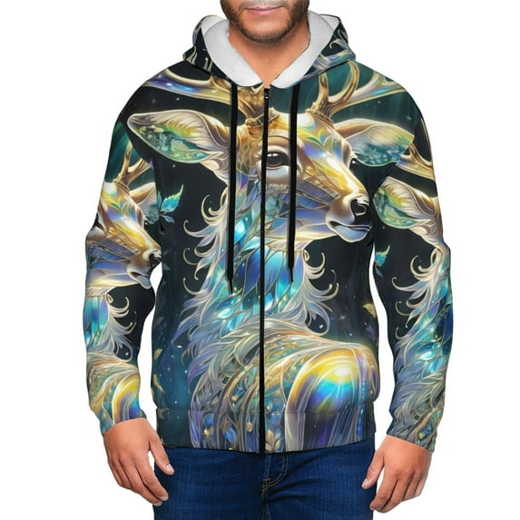 Goofa Colorful Stained Glass Deer Pattern Mens Full-zip Hoodie, Zip-up Pullover Hooded Sweatshirt, Kangaroo Pocket Hoodie Ideal for Daily Wear, Travel, and Home-Medium