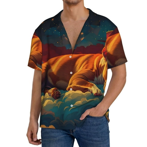 Goofa Colorful Starry Sky Sleep Dog Printed Men's Casual Short-sleeved Shirt,Lightweight Breathable Button-down,Summer Casual men's top,Versatile Fashion shirt-Large