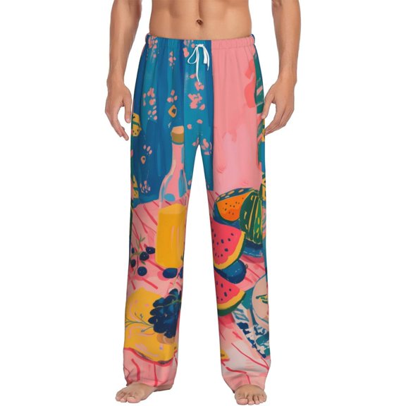 Goofa Colorful Summer Fruit Table Pattern Printed Soft Pajama Pants for Men, Wide Leg Comfy Casual Lounge Yoga Pants-Large