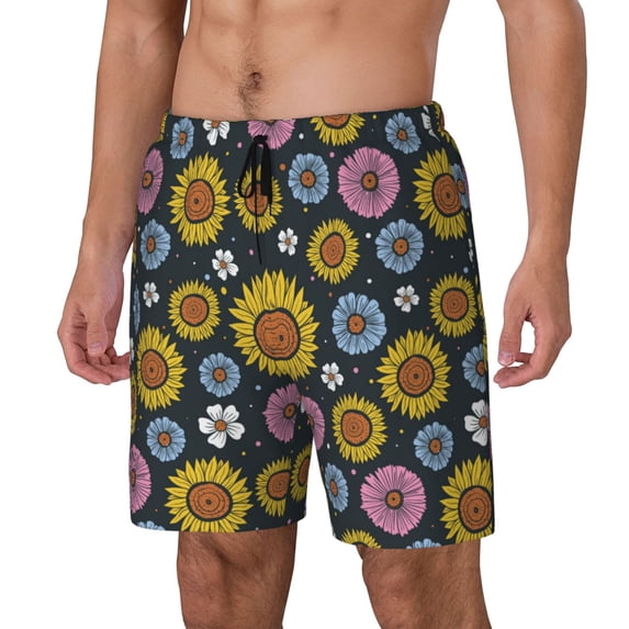 Goofa Colorful Sunflowers Printed Men's Swim Trunks Board Shorts Quick Dry Mens Swimming Trunks with Compression Liner,Breathable Fit Hawaii Beach Shorts-X-Large