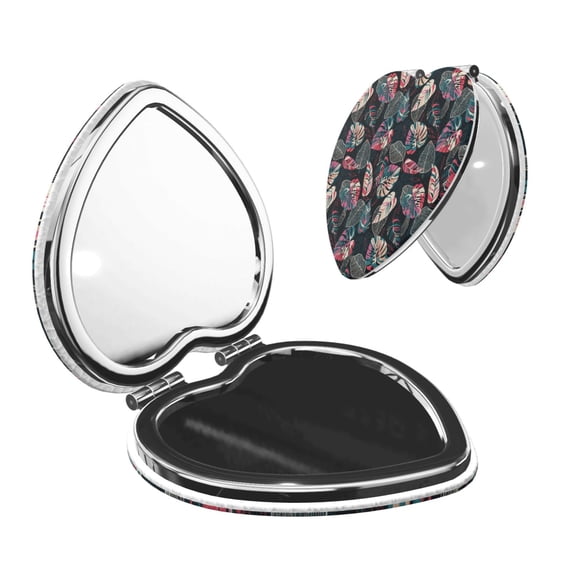 Goofa Colorful Tropical Leaves Pattern Pocket Mirror, Portable Makeup Mirror,Travel Makeup Mirror,Dual-Sided Compact Mirror,Gift Makeup Mirror-Heart Shape