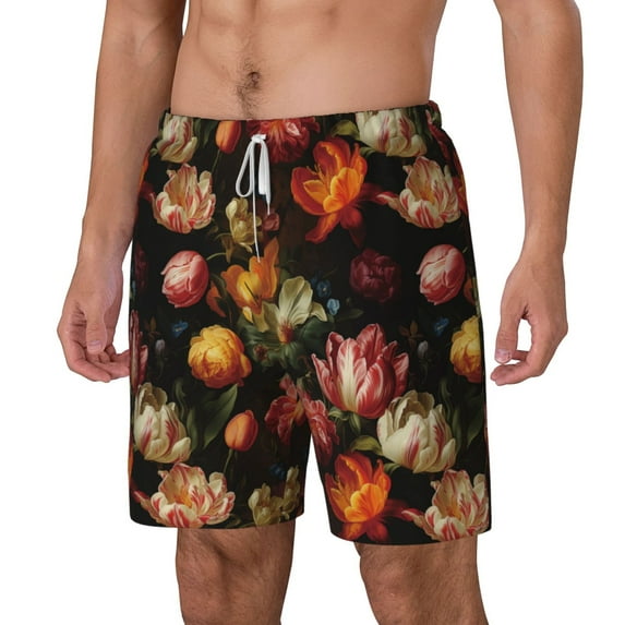 Goofa Colorful Tulips Printed Men's Swim Trunks Board Shorts Quick Dry Mens Swimming Trunks with Compression Liner,Breathable Fit Hawaii Beach Shorts-3X-Large
