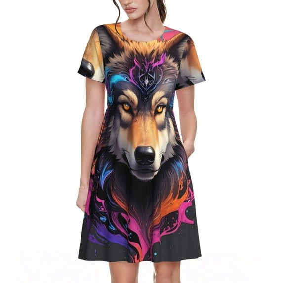 Goofa Colorful Wolf Head Pattern Women Summer Short Sleeve Midi Dress with Pockets Casual Aline Flowy Tshirt Dress Vocation Beach Sundress