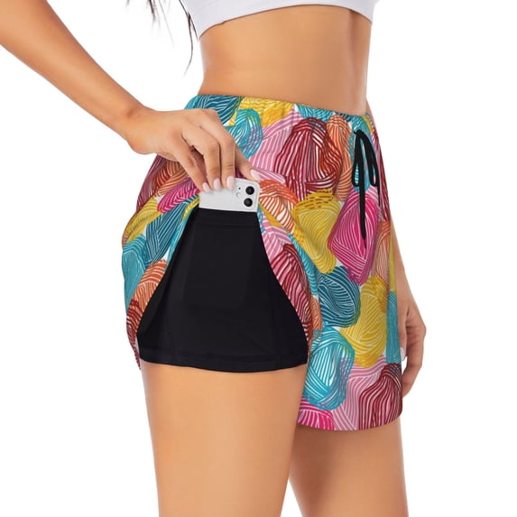Goofa Colorful Wool Balls Printed Women 2 in 1 Running Shorts,Quick Dry Athletic Workout Shorts,High Waisted Athletic Shorts with Liner Pockets-X-Large
