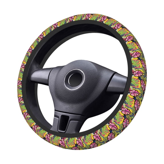 Goofa Colrful Tropical Leaves Pattern Elastic Stretch Steering Wheel Cover,Universal 15 inch, Microfiber Breathable Ice Silk, Anti-Slip, Odorless, Easy Carry