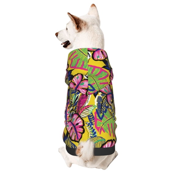 Goofa Colrful Tropical Leaves Pattern Small Dog Sweater Hoodies Pet Grey Hooded Soft Fleece Sweatshirts with Pocket Fall Winter Puppy Cat Sweaters Warm Clothes-Large