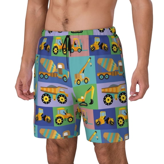 Goofa Construction Machinery Printed Men's Swim Trunks Board Shorts Quick Dry Mens Swimming Trunks with Compression Liner,Breathable Fit Hawaii Beach Shorts-