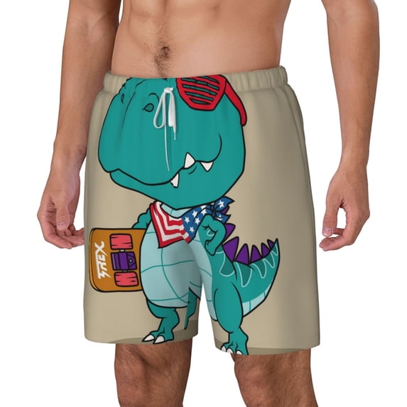 Goofa Cool Dino Playing Skateboard Printed Men's Swim Trunks Board Shorts Quick Dry Mens Swimming Trunks with Compression Liner,Breathable Fit Hawaii Beach Shorts-X-Large