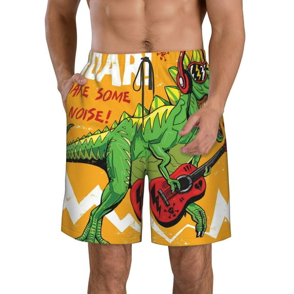 Goofa Cool Dinosaur Playing Guitar Printed Mens Swim Trunks Summer Quick Dry Short Beach Swimwear Bathing Suits-Large
