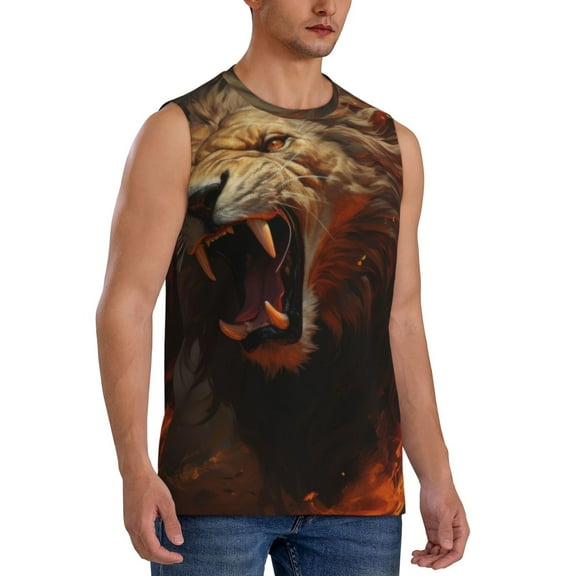 Goofa Cool Flame Lion A Printed Men's Sleeveless T-Shirt - Athletic Gym Workout Tank Top for Men - Moisture-Wicking, UPF 30  Quick-Dry Muscle Tee-XX-Large