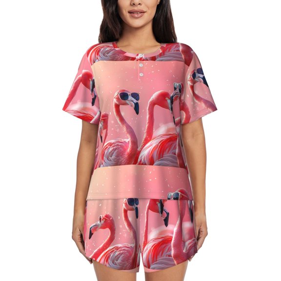 Goofa Cool Flamingos Sunglasses Scene for Womens Cotton 2 Piece Pajamas Set Classic Short Sleeve Pjs Set Soft Button Down Sleepwear Loungewear-4X-Large