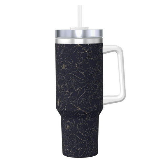 Goofa Copper-Gold Gloss Outline Peony Print 40oz Ice Bully With Handle And Straw Stainless Steel Vacuum Insulated Cup And 2 In 1 Straw Lid