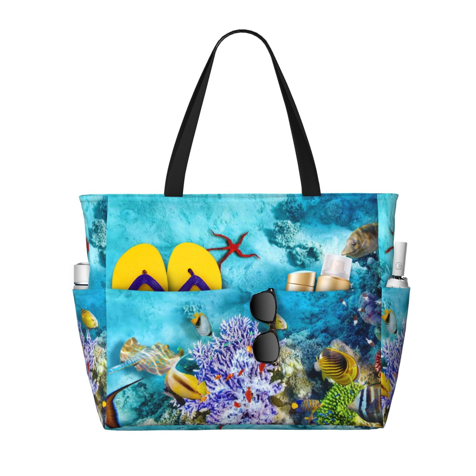 Goofa Corals and Tropical Fish Print Beach Bags Waterproof Beach Tote