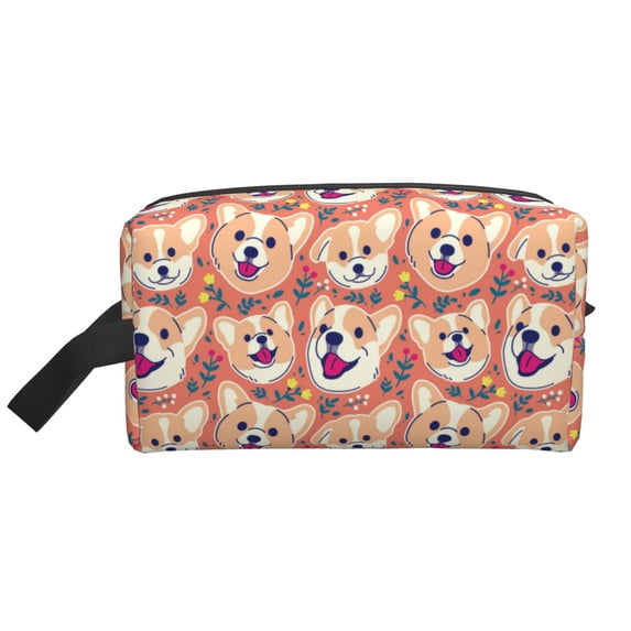 Goofa Corgi Head with Floal Printed Toiletry Bag with Handle,Large Capacity Travel Makeup Cosmetic Bag for Women, Carry on Airport Airline Compliant Bag