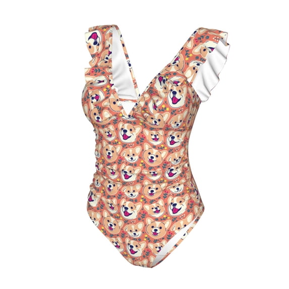 Goofa Corgi Head with Floal Print Women's Ruffled One Piece Swimsuit V Neck