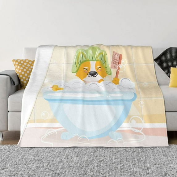 Goofa Corgi In The Shower Cap Bathing Pattern Fleece Throw Blanket for Couch, Soft Checkered Flannel Blanket for Sofa, Warm Cozy Decorative Blanket Fall Decor Gift-60"x50"