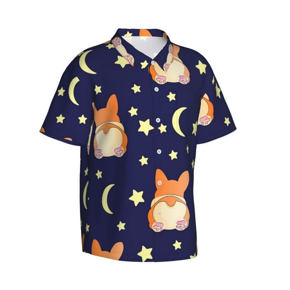 Goofa Corgi Lying With Moons And Stars Hawaiian Shirt for Men, Unisex Summer Beach Casual Short Sleeve Button Down Shirts,Aloha Tropical Floral print shirt-