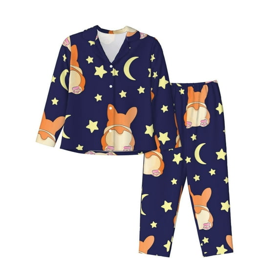 Goofa Corgi Lying With Moons And Stars Printed Women’s 2 Piece Pajama Set Super,Pajamas Women's Long Sleeve Sleepwear Soft Button Down Loungewear Pjs Lounge Set Nightwear-Large