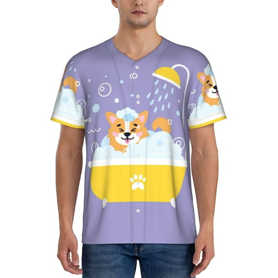 Goofa Corgi Washing in Bathtub Pattern Mens Golf Shirt Baseball T-shirt Moisture Wicking Dry Fit Performance Sport Short Sleeve Striped Golf Polo Shirts-XX-Large