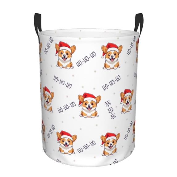 Goofa Corgi With Santa Claus Hat Printed Circular Hamper,Laundry Basket with Handles,Storage Baskets Foldable,Large Capacity Laundry Hamper-Medium