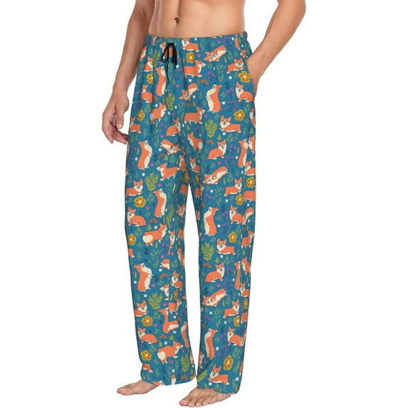 Goofa Corgi with Flowers Printed Soft Pajama Pants for Men, Wide Leg Comfy Casual Lounge Yoga Pants-Large