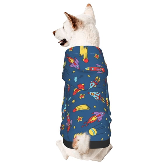 Goofa Cosmos Rockets Pattern Small Dog Sweater Hoodies Pet Grey Hooded Soft Fleece Sweatshirts with Pocket Fall Winter Puppy Cat Sweaters Warm Clothes-Medium