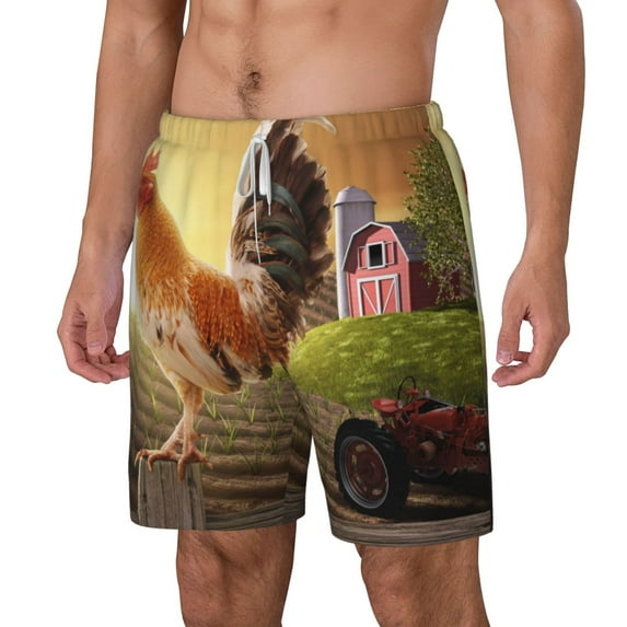 Goofa Country Farm Morning Rooster Printed Men's Swim Trunks Board Shorts Quick Dry Mens Swimming Trunks with Compression Liner,Breathable Fit Hawaii Beach Shorts-Medium