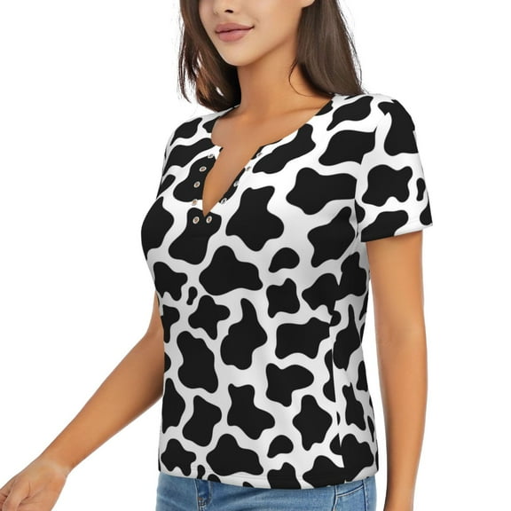 Goofa Cow Print Black White Pattern Womens Deep V Neck Low Cut Tops Casual Summer Short Sleeve Ribbed Knit T-Shirts-Medium