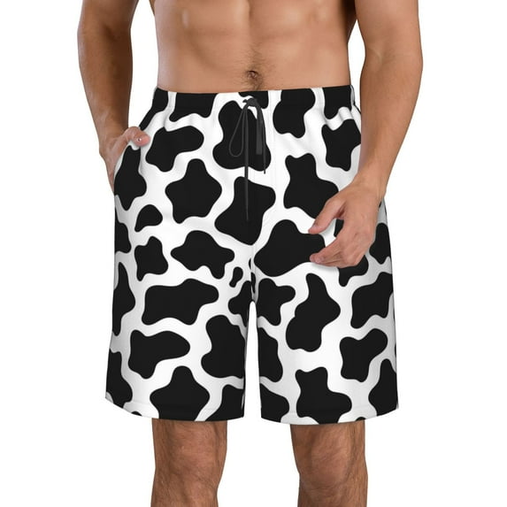 Goofa Cow Print Black White Printed Mens Swim Trunks Summer Quick Dry Short Beach Swimwear Bathing Suits-3X-Large