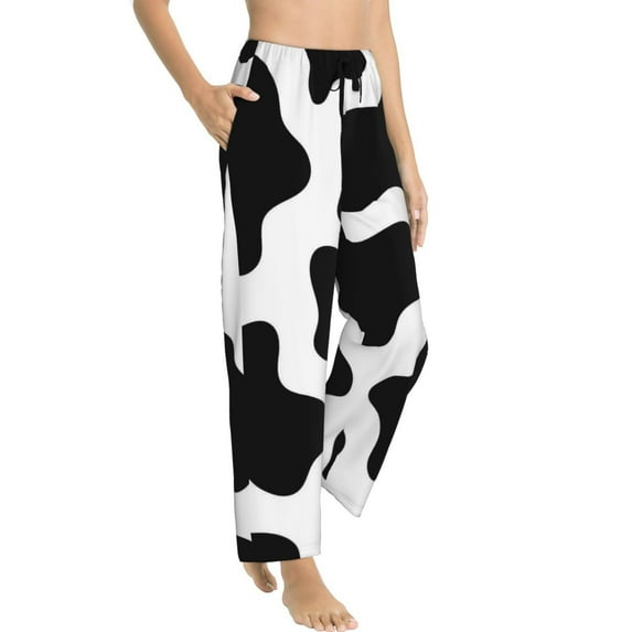 Goofa Cow Print Black White Printed Soft Pajama Pants for Women, Wide Leg Comfy Casual Lounge Yoga Pants-XX-Large