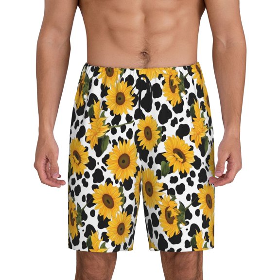 Goofa Cow Print Sunflower Pattern Men's Pajama Short Sleep Shorts Soft Comfortable Breathable Pajamas Shorts with Pockets-Large
