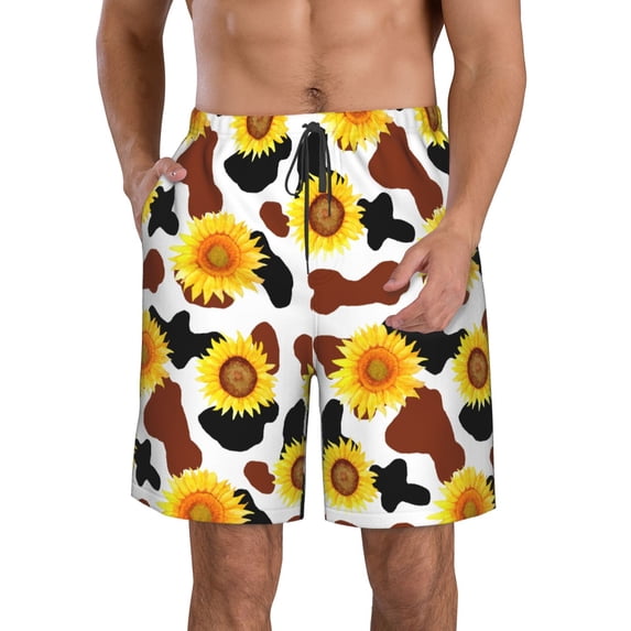 Goofa Sunflower Cow Printed Mens Swim Trunks Summer Quick Dry Short Beach Swimwear Bathing Suits-