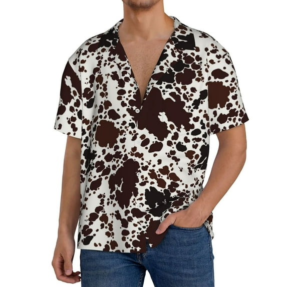 Goofa Cow Skin Printed Men's Casual Short-sleeved Shirt,Lightweight Breathable Button-down,Summer Casual men's top,Versatile Fashion shirt-Medium