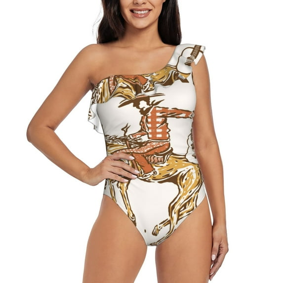 Goofa Cowboy Rodeo Guitar Pattern Women's One Piece Swimsuits Tummy Control Bathing Suits Asymmetric One Shoulder Swimwear-XX-Large