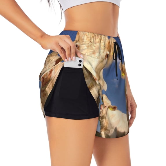 Goofa Cows Cattles Printed Women 2 in 1 Running Shorts,Quick Dry Athletic Workout Shorts,High Waisted Athletic Shorts with Liner Pockets-