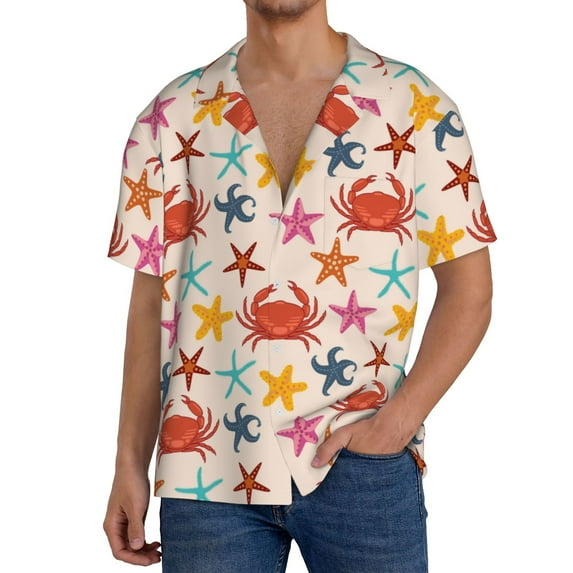 Goofa Crabs And Seastars Printed Men's Casual Short-sleeved Shirt,Lightweight Breathable Button-down,Summer Casual men's top,Versatile Fashion shirt-Large