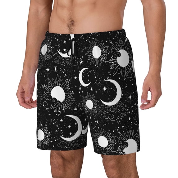 Goofa Crescent and Stars Printed Men's Swim Trunks Board Shorts Quick Dry Mens Swimming Trunks with Compression Liner,Breathable Fit Hawaii Beach Shorts-X-Large