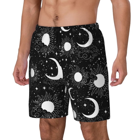 Goofa Crescent and Stars Printed Men's Swim Trunks Board Shorts Quick Dry Mens Swimming Trunks with Compression Liner,Breathable Fit Hawaii Beach Shorts-Large