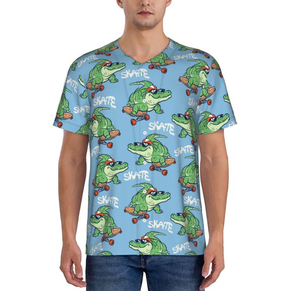 Goofa Crocodile Riding Skateboard Pattern Mens Golf Shirt Baseball T-shirt Moisture Wicking Dry Fit Performance Sport Short Sleeve Striped Golf Polo Shirts-XX-Large